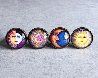 Bagues célestes - croissant de lune, soleil, étoiles, nuit étoilée, bijoux galaxie, cabochons en verre 20 mm, mandala, rayon de soleil, bagues réglables en bronze