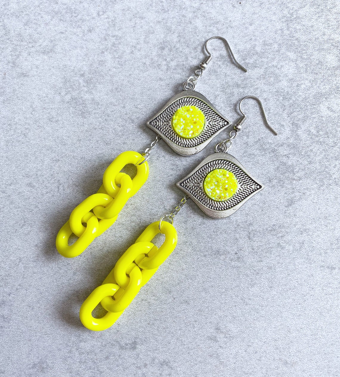 Neon Yellow Chain Link Statement Earrings Iridescent Glitter Etsy