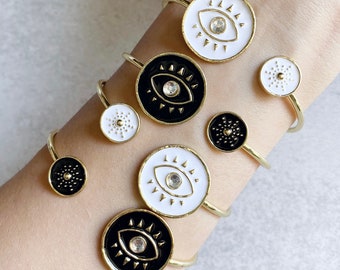Celestial Eye Gold Enamel Bangle - Black and White Enamel, Starburst Pattern, Rhinestones, Stacking Bracelets, Gypsy Jewelry, Boho Chic