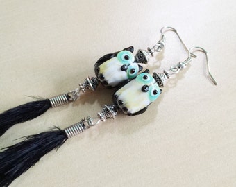 Glass Owl x Feather Earrings - Lampwork Glass Beads, Black/White/Mint Green Bird Beads, Black Rooster Feathers, Silver French Hooks, Boho