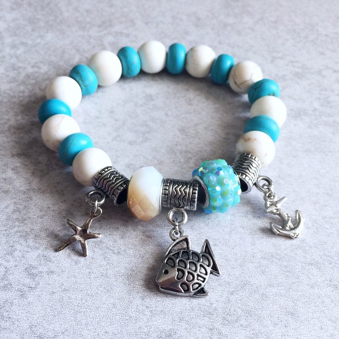 30 OFF Nautical Beaded Bracelet European Beads, Silver Sailor Charms