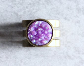 Lilac Purple Druzy Stacking Ring - Antique Bronze Setting, Glitter Crystal, Triple Stacking Gypsy Rings, Bridesmaids Gifts, Bohemian Chic