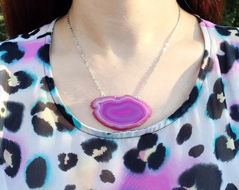 Pink Agate Slice Necklace - Hot Pink Geode, Crystal Pendants, Silver Link Chain, Gypsy, Hippie Accessories, Layering, Boho Chic Jewelry