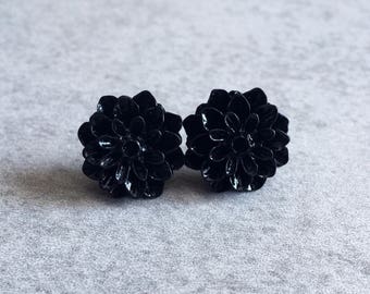 Black Dahlia Earrings - Silver Plated Stud Posts, 15mm Resin Flowers, Cabochons, Steampunk, Goth, True Black, Dark, Bridesmaid Jewelry