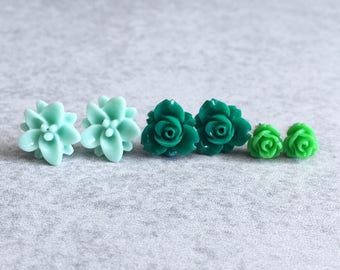 Mint · Forest · Grass // Green Flower Stud Earrings, Set of 3 - Resin Floral Cabochons, Roses, Lotus Flowers, Stainless Steel Stud Posts