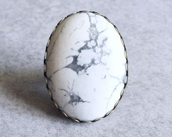 Oval White Marble Turquoise Statement Ring (Large) - 40mm x 30mm Cabochon, Antique Bronze Edge Setting, Adjustable, Boho Chic, Minimalist