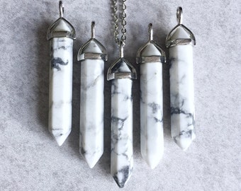 White Turquoise Crystal Necklace - Gemstone Pendulum Pendant, Howlite Marble, Reiki, Healing, Meditation, 63mm, Silver Chain, Chakra Jewelry