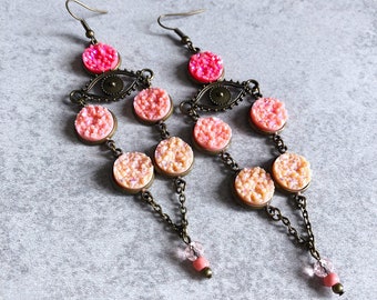 Ombre Pink Druzy x Evil Eye Statement Earrings - Bronze Charms, Bohemian Chic Dangle Earrings, Gypsy, Hippie, Neon, Peach, Magenta, Blush