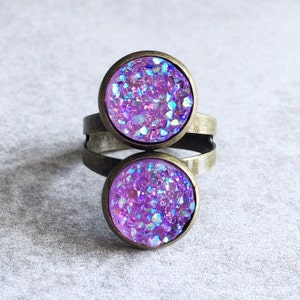 Purple Double Druzy Ring - Glitter Quartz Geodes, Antique Bronze Adjustable Band, Iridescent, Sparkly, 12mm Stone Cabochons, Bohemian Chic