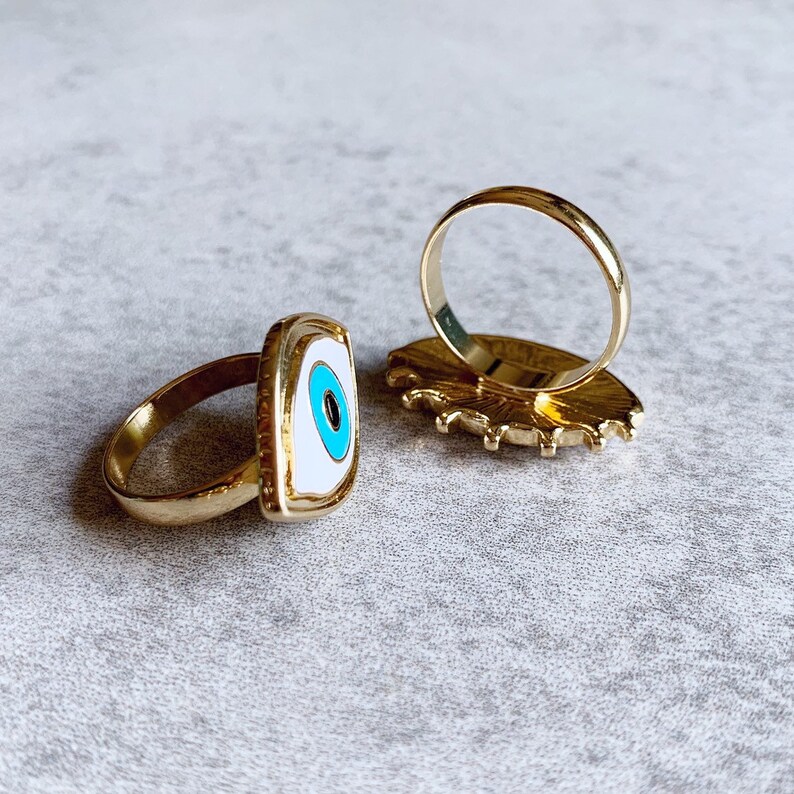 Allseeing Evil Eye Rings Blue Eyes White Enamel Gold Etsy