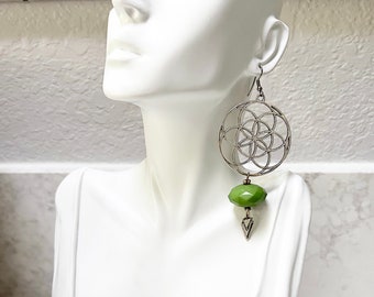 Silver Flower of Life Statement Earrings - Faceted Green Rondelle Beads, Silver Charms, Sacred Geometry, Boho Chic, Geometric Floral, Hex