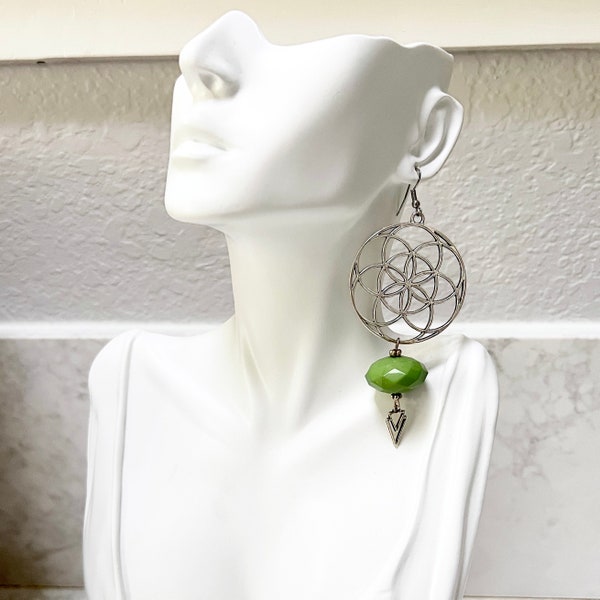Silver Flower of Life Statement Earrings - Faceted Green Rondelle Beads, Silver Charms, Sacred Geometry, Boho Chic, Geometric Floral, Hex