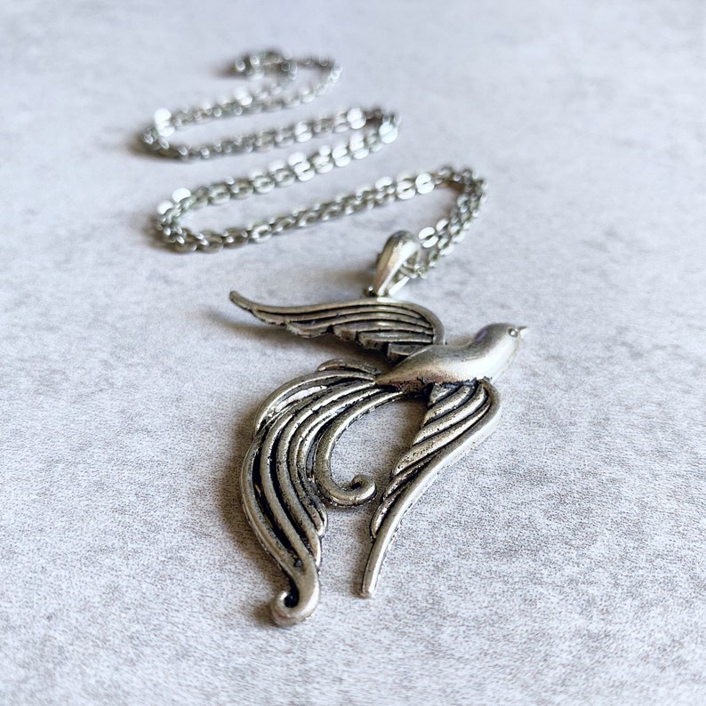 Silver Phoenix Necklace Antique Pewter, Vintage, Firebird, Bird Jewelry, Link Chain, Feathers, Mythical Creature, Peacock, Rebirth image 3