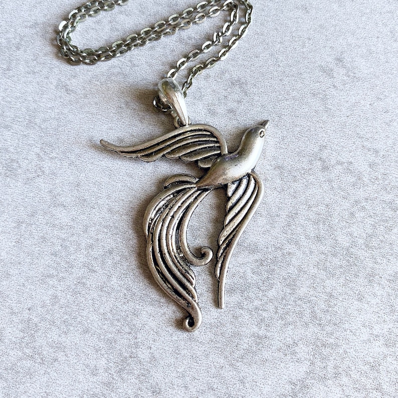 Silver Phoenix Necklace Antique Pewter, Vintage, Firebird, Bird Jewelry, Link Chain, Feathers, Mythical Creature, Peacock, Rebirth image 1