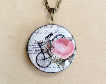 20 % DE RÉDUCTION ! Chaîne de 18" vélo & Rose Locket - impression pendentif en Bronze Antique, oiseaux, Roses, fleurs, Photo bijoux, Steampunk, Pink, Vintage