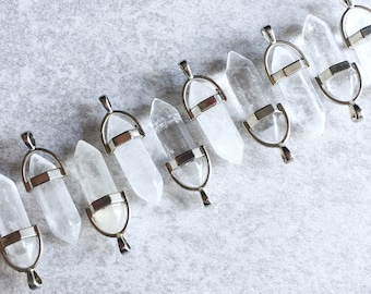 Clear Quartz Crystal Necklace - Genuine Gemstone Pendulum Pendant, Chakra, Reiki, Healing, Spiritual, 40mm, Large, Silver Chain