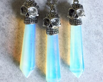 Opalite Skull Necklace - Genuine Gemstone, Skull Bead Cap, Chakra Jewelry, Meditation, 55mm, Reiki, Healing, Antique Silver, Link Chain