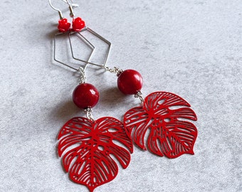 Red Monstera Deliciosa Beaded Statement Earrings - Metal Leaf Charms, Roses, Silver Hoops, Metallic Beads, Tropical Plants, Crazy Plant Lady