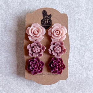 Rosewater Pink ·  Mauve Pink · Wine Red // Floral Stud Earrings, Set of 3 - Peonies, Roses, Lotus Flowers, Succulents, Stainless Steel Posts