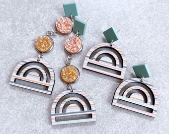 Wooden Rainbow Earrings - Mint Green Square Posts, Peach Druzy, Tangerine Druzy, Striped Rainbow Charms, Pop of Color, Sparkly, Glitter