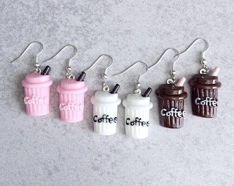 Coffee Addict Earrings - Java Cups, Espresso, Tiny Food, Kawaii, Sweet Treats, Kitsch, Chocolate Brown, White, Strawberry Pink, Cute Gifts