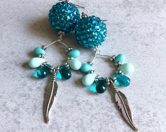 Teal Teardrop, Feather, and Gumball Statement Earrings - Ombre, Mint Green, Deep Teal, Turquoise, Rhinestone Charms, Silver Feathers/ Hoops