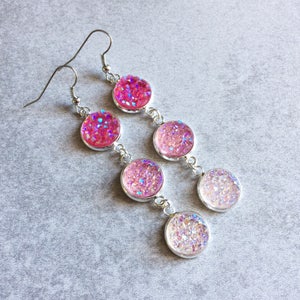 Pink Ombre Druzy Earrings - Fuchsia, Hot/Pastel Pink, Peach, Blush, Glitter Cabochons, Silver, Crystals, Geodes, Bohemian, Bridesmaid Gifts