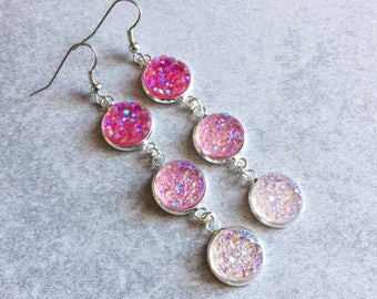 Pink Ombre Druzy Earrings - Fuchsia, Hot/Pastel Pink, Peach, Blush, Glitter Cabochons, Silver, Crystals, Geodes, Bohemian, Bridesmaid Gifts