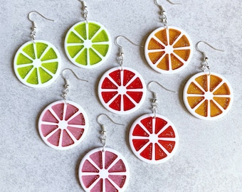 Citrus Fruit Earrings - Round Resin Disc Charms, Kawaii, Kitsch, Oranges, Red, Pink, Watermelon, Yellow, Cherry, Blood Orange, Sweet Treats