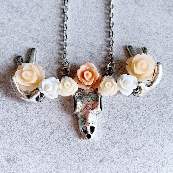 Flower Crown Deer Antler Necklace - Boho Chic, Gypsy Jewelry, Roses, Peach, White, Flowers, Rustic, Silver Skull Charm, Link Chain, Hippie