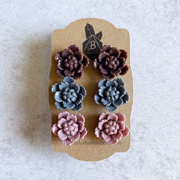 Mocha Brown · Concrete Grey · Mauve Pink // Peony Stud Earrings, Set of 3 - Flowers, Roses, Dahlias, Stainless Steel Posts, Floral Sets