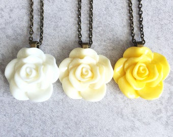 Snow White · Buttercream · Lemon // Yellow Rose Necklaces - Antique Bronze Chain, 30mm Resin Cabochon, Ivory, Flowers, Bridesmaid Jewelry