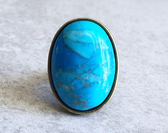 Oval Stone Rings - Blue Turquoise, Aqua, Sky, Gemstone Cabochons, Bronze Bezels, Adjustable Bands, Multi-Rings, Bohemian Chic, Gypsy Jewelry