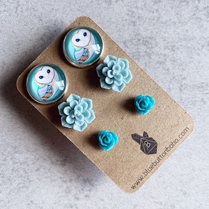 Barn Owl x Floral Earrings, Set of 3 - Glass Cabochons, Matte Mint Succulent Flowers, Teal Blue Roses, Aqua Blue, Sky Blue, Birds of Prey