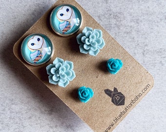 Barn Owl x Floral Earrings, Set of 3 - Glass Cabochons, Matte Mint Succulent Flowers, Teal Blue Roses, Aqua Blue, Sky Blue, Birds of Prey