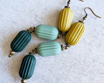 Olive, Sage, and Forest Green Textured Beaded Earrings - Antique Bronze, Ombre Green Gradient, Vintage Inspired Statement Earrings, Colorful