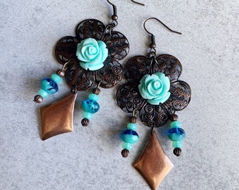 30% OFF: Mint Floral Chandelier Earrings - Copper Filigree Base, Flowers, Blue, Sea Foam Green, Copper Drops, Czech Glass Beads, Boho Chic