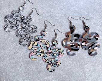 Acrylic Snake Earrings - Serpent Charms, Camo, Camouflage, Zebra Stripes, Abstract Geometric, Silver Ear Wires, Colorful, Snake Lover, Funky