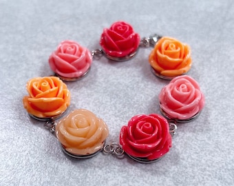 Rose Floral Bracelet // Watermelon Pink · Bubblegum Pink · Creamsicle Orange · Peach Sorbet - Flowers, Silver, Boho, Bridesmaids Jewelry