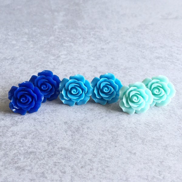 Cobalt · Sky · Aqua // Blue Rose Earrings - 20mm Resin Flower Cabochons, Stainless Steel Stud Backs, Shabby Chic, Floral, Bridesmaid Jewelry