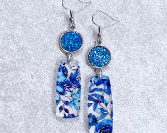Blue Floral x Druzy Drop Earrings - Glitter Cabochons, Metallic Blue, Bright Blue, Acrylic Flower Charms, Lightweight Earrings, Boho Chic