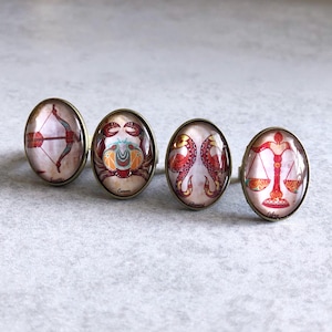 Glass Zodiac Ring - 12 Astrological Signs, Antique Bronze Bezel, 18x25mm Cabochon, Horoscopes, Astrology, Star Sign, Pagan, Stars, Boho Chic