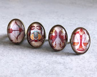 Glass Zodiac Ring - 12 Astrological Signs, Antique Bronze Bezel, 18x25mm Cabochon, Horoscopes, Astrology, Star Sign, Pagan, Stars, Boho Chic