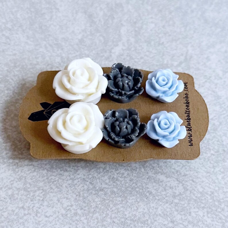Denim Blues Floral Stud Earrings, Set of 3 - Ivory White Roses, Grey Peonies, Powder Blue Roses, Stainless Stud Posts image 6
