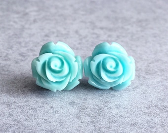 Aqua Blue Blooming Rose Bud Earrings - Silver Plated Stud Posts, 15mm Resin Roses, Cabochons, Sea Foam Green, Mint Green, Bridesmaid Jewelry