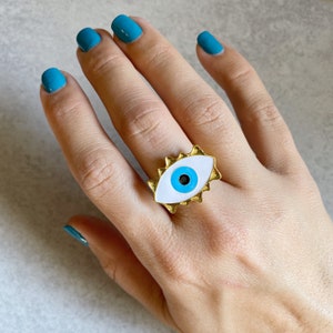 Ruffled Edge Evil Eye Statement Ring - Evil Eye Protection, White Enamel, Gold Adjustable Band, All-Seeing Eye, Eyeball Jewelry