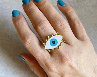Ruffled Edge Evil Eye Statement Ring - Evil Eye Protection, White Enamel, Gold Adjustable Band, All-Seeing Eye, Eyeball Jewelry