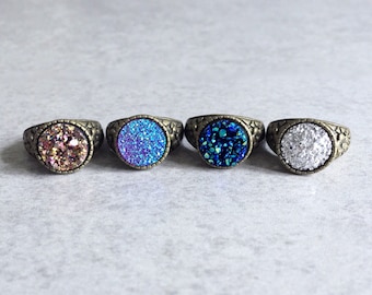 Galaxy Druzy Rings - Antique Bronze Floral Bezel, Adjustable Band, Cosmic Purple, Glitter, Silver, Cobalt Blue, Hot Pink, Boho Chic Jewelry