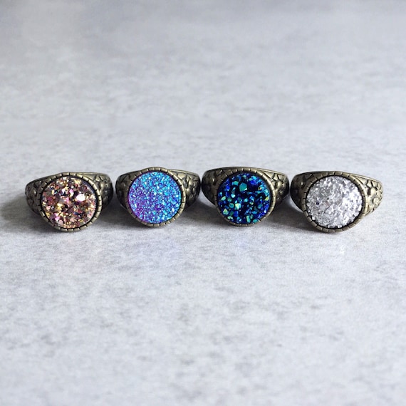 Galaxy Druzy Rings - Antique Bronze Floral Bezel, Adjustable Band, Cosmic Purple, Glitter, Silver, Cobalt Blue, Hot Pink, Boho Chic Jewelry