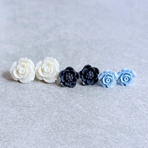 Denim Blues Floral Stud Earrings, Set of 3 - Ivory White Roses, Grey Peonies, Powder Blue Roses, Stainless Stud Posts image 1